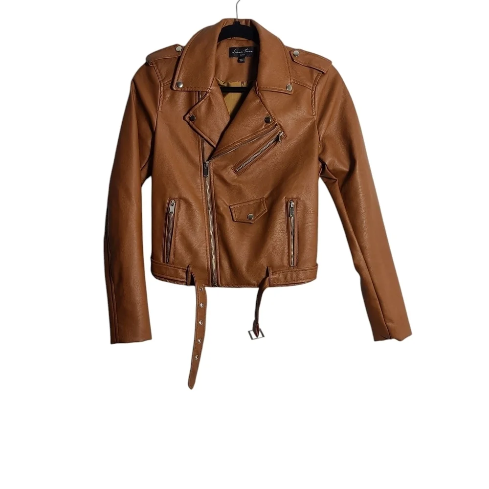 LOVE TREE Tan Vegan Leather Moto Jacket Brown Zip Up Size Small - Picture 1 of 16